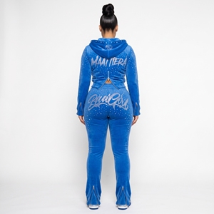 <b>Womens</b> Blue Rhinestone Tracksuit Set <b>Velvet</b> Zip Up Hoodie <b>Jogger</b> Pants Luxury Streetwear Matching Outfit Wholesale - Product Image 1