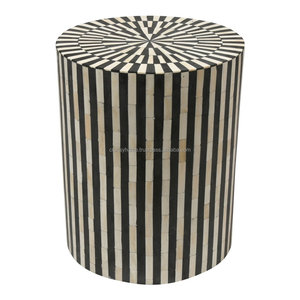 Tabouret d'appoint rond moderne en bois avec incrustation d'os noir style Art Déco pour chambre et salon, décoration intérieure - Product Image 5