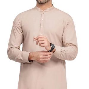 Nuevo Salwar Kameez Beige Suave para Hombre al por Mayor con Elegante Cuello Mandarín y Botones con Detalles Dorados, Sofisticado y Minimalista - Product Image 1