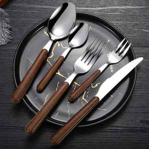 Juego de cubiertos de lujo de acero inoxidable con mango de madera, tenedor, cuchara y cuchillo dorados y plateados, vajilla para cocina y comedor - Product Image 2