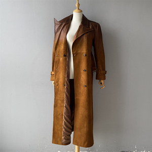 Manteau trench unisexe en cuir véritable, long, col montant, manches longues, respirant, coupe-vent, vêtement d'extérieur décontracté pour l'hiver, polyester - Product Image 3