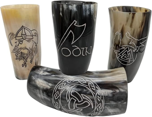 Taza de cuerno de búfalo pulido y tallado ecológico de Faiza Craft con brújula vikinga Vegvisir y runas Elder Futhark - Product Image 3