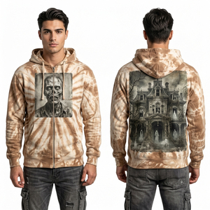 Sudadera con capucha personalizada con estampado gráfico de retrato de zombie y casa embrujada, estilo vintage con cremallera y efecto desgastado para hombre. - Product Image 1