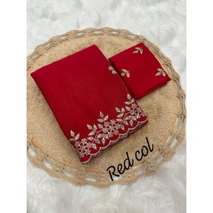 FANCY CHINON SEQUENCE EMBROIDERY WORK SAREE with UNSTITCHED <b>BLOUSE</b> <b>RED</b> - Product Image 1