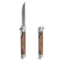 Couteau pliant en acier Damas avec manche en bois, lame à pointe clip, bord biseauté, verrouillage à bouton-pouce, EDC, OEM/ODM disponible, DIY, multi-usages