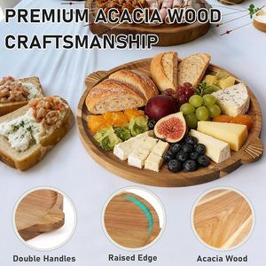 Tabla Redonda de Madera de Acacia para Charcutería y Bandeja de Servir con Asas, Borde Festoneado, Apta para Lavavajillas, 1.5 cm de Grosor, Ideal para Fiestas - Product Image 4