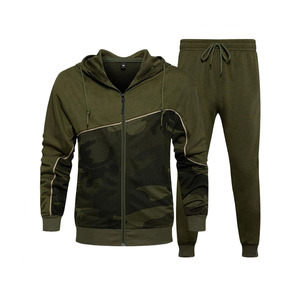 Best Selling Men's <b>Camouflage</b> Panel Hooded Tracksuit Full Zip Sportswear Set Breathable Cotton Blend Jogging Suit OEM - Product Image 1