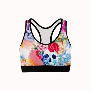 Soutien-gorge de sport pour femme à imprimé floral et crâne, col ras du cou, dos nageur, maintien moyen, respirant, en Spandex et Polyester, pour l'entraînement - Product Image 5