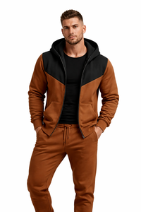 Survêtement à capuche contrasté marron et noir pour hommes, veste à fermeture éclair, coupe slim, pantalon de jogging, vêtements de sport décontractés, ensemble de fitness pour la salle de sport, de haute qualité - Product Image 2