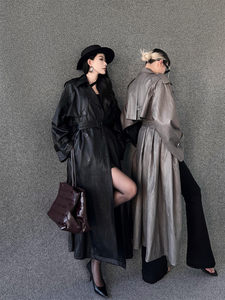 PAPERLLL Long Trench Coat <b>Women</b> Gray Turn-down Collar Single Breasted Windproof Autumn Minimalist Style Loose Fit - Product Image 5