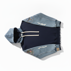 TAWFIQ Sweat à capuche bleu marine avec manches en jean, logo brodé au dos, vêtement décontracté d'automne, coupe classique, coton et fibre de bambou - Product Image 2
