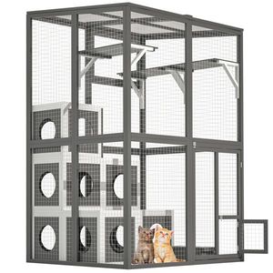 Parque de juegos exterior grande de madera maciza para gatos con 2 plataformas de salto y 7 casas para descansar, caseta transitable para gatos - Product Image 1
