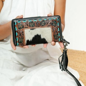 Cartera tallada a mano de nuevo diseñador, cartera de mano con estilo de cuero genuino para el cabello en la cartera de piel de vaca, carteras de pulsera de cuero occidental - Product Image 4