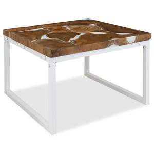 Tavolino da Caffè in Teak Marrone e Bianco con Dettagli in Resina e Acciaio - Product Image 2
