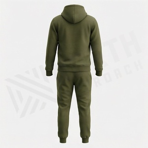 Ensemble de survêtement décontracté pour homme vert olive à capuche, manches longues, couleur unie, avec cordon de serrage et côtés zippés - Product Image 2