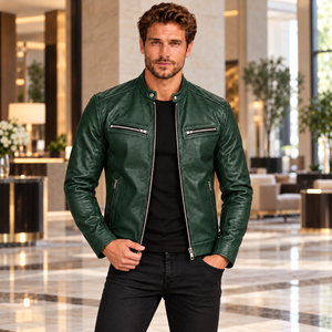 Veste d'extérieur en cuir véritable vert pour homme OEM, design moderne à col montant avec poches zippées sur la poitrine et sur les côtés - Product Image 6