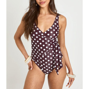 Women Polka Dot One Piece Swimsuit Deep V Neck Twist Front High Cut Stretch Swimwear - Product Image 1