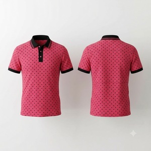เสื้อโปโลผู้ชายสีชมพูดำลายจุด แต่งขอบสีดำเรียบหรู แขนสั้น ผ้าฝ้ายลำลอง สำหรับเล่นกอล์ฟ ดีไซน์เสื้อฤดูร้อน - Product Image 1