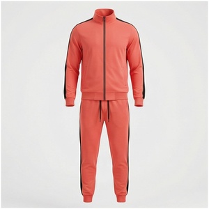 Ensemble de survêtement corail pour homme, manches longues, col montant, fermeture éclair sur le devant, couleur unie, respirant, coupe décontractée, pour l'automne - Product Image 1