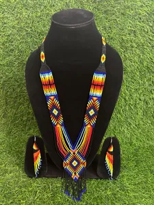 TOP CLASSY VINTAGE Tribal Seed Bead <b>Necklace</b> Earrings Set | <b>Boho</b> Fringe Jewelry for birthday , christmas - Product Image 1