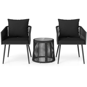 Set di Mobili da Giardino in 3 Pezzi con Cuscini, Tavolo in Rattan e Piano in Vetro per Veranda, Giardino, Balcone, Sedute da Esterno Resistenti - Product Image 4