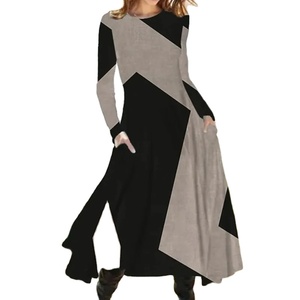 Nouveau 2024 femmes décontracté élégant robe de soirée contraste couleur dames printemps automne ample à manches longues robe avec poches robe Midi - Product Image 2