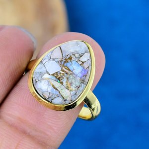 Handmade Natural Ethiopian <b>Opal</b> Copper Pear Shape Gemstone 18k Gold Micron Over 925 Sterling <b>Silver</b> <b>Ring</b> - Product Image 4