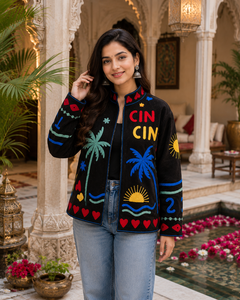 Black Velvet Mandarin Collar Jat With Sun Palm Embroidery Full Sleeve Zipper Closure Women's Summer Outerwear - Product Image 5