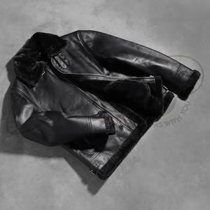 Chaqueta de Cuero Genuino Negra para Hombre, Forrada con Piel de Oveja, Estilo Aviador, para Invierno, con Cuello de Piel - Product Image 6