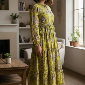 O Neck Cotton Floor Length <b>A</b> <b>LINE</b> <b>Dress</b> Long Sleeves Handblock <b>Pattern</b> Women's Daily Wear Embroidery Pocket Detail - Product Image 1