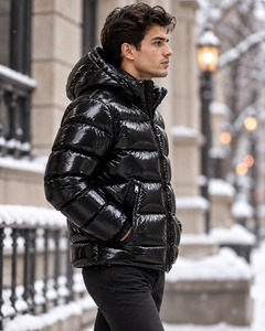 Blouson matelassé noir brillant à capuche pour homme, coupe ample, épais, style streetwear, fermeture éclair, pour l'hiver - Product Image 4