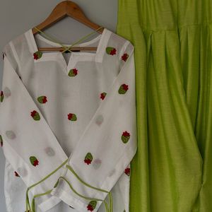 Designer Multi Needle Embroidery Work Cambric Cotton <b>Top</b> With Farsi Pant And Dupatta Fully Stitched Ready To Wear - Product Image 5