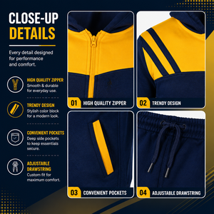 Adult Unisex Washed Hooded Casual Lightweight <b>Tracksuit</b> Blue Yellow Color Long Sleeve Slim Fit Fleece Sports Jogging Running - Product Image 4