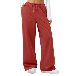 Pantalon de survêtement rouge pour femme, coupe large, taille mi-haute, avec cordon de serrage, ample, couleur unie, en coton, décontracté, longueur intégrale, style automne - Product Image 4