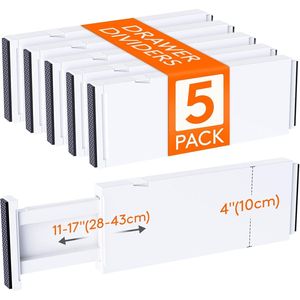Set di 5 Divisori per Cassetti Alti 10 cm, 28-43,5 cm/11-17 pollici, Organizzatori Regolabili per Vestiti/Utensili, Separatori Espandibili per Cassetti - Product Image 1