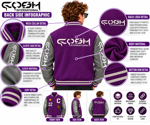 Blouson universitaire pour homme violet à blocs de couleur, col montant, boutonnage, manches en similicuir, appliqués, style baseball classique - Product Image 6