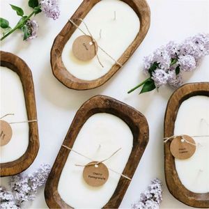Vela aromática personalizada al por mayor en cuenco de madera, vela artesanal de cera de soja con 3 mechas en cuenco de madera natural de Paulownia - Product Image 2
