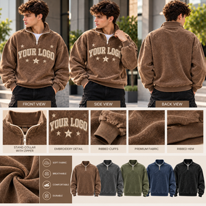 Sudadera Vintage Marrón Lavado para Hombre con Media Cremallera y Cuello Alto, Ajuste Regular, Logotipo Personalizado, Estilo Urbano, 100% Algodón, Venta al por Mayor OEM - Product Image 4