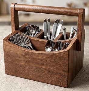 Panier porte-couverts multifonction en bois fait main avec poignée pliable, support à cuillères à 4 compartiments, organisateur de table de cuisine - Product Image 1