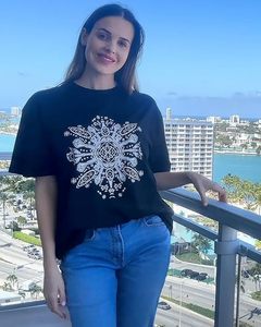 <b>Women's</b> Black Crew Neck <b>Short</b> <b>Sleeve</b> T-<b>Shirt</b> With <b>White</b> Mandala Print Loose Fit Casual Spring Summer Cotton Jersey Top - Product Image 2