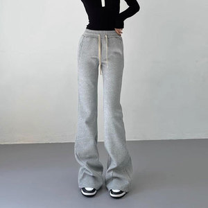 Women <b>Drawstring</b> Mid Waist Regular Fit Flared Fleece 100% Cotton Breathable Streetwear Athletic <b>Trousers</b> - Product Image 4