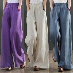Pantalon large en lin pour femme, taille haute, avec cordon élastique, en coton, décontracté, avec poches - Product Image 6