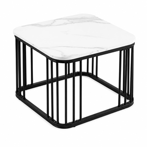 Mesa de Centro Moderna de Lujo en Madera Contrachapada con Superficie de Aspecto Mármol y Base de Listones Metálicos Dorados, Mesa de Salón Contemporánea - Product Image 4