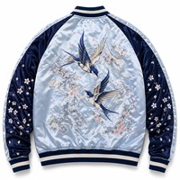 Blouson Bomber Réversible en Satin Dravelle Industry Hiver, Broderie Faucon Bleu sur le Devant, Souvenir Japonais Nagaran