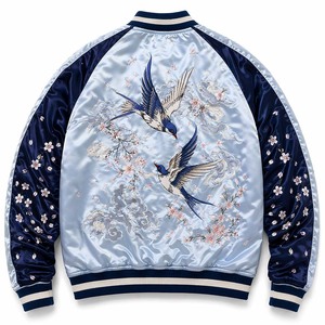 Blouson bomber réversible en satin Dravelle Industry, bleu, broderie hirondelle, souvenir japonais, veste nagaran - Product Image 3