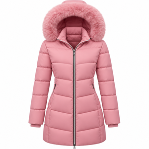 Veste longue matelassée unisexe rose à capuche en fourrure, manteau d'hiver en toile avec blocs de couleur, garniture en fourrure, fermeture éclair, coupe-vent, épaisse, coupe ajustée, décontractée - Product Image 1