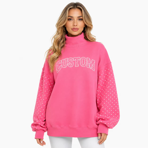 Women's Hoodies Pink Rhinestone Sleeve Turtleneck Sweatshirt Heavyweight Pearl Studded Varsity High Collar Pullover Womenswear - Product Image 1