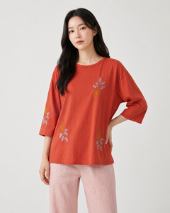 Blouse Rouge Brodé pour Femme, Coupe Ample, Manches 3/4, Col Rond, Motif Floral, Style Décontracté, Haut Musulman, Vente en Gros - Product Image 4