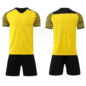 Ensemble maillot et short de football rayé jaune et noir pour homme, col en V, en polyester anti-humidité, coupe athlétique toutes saisons - Product Image 2