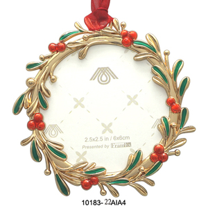 Metal <b>Christmas</b> Ornament Circle Shape with Red Berries and Green Leaves Handcrafted Decor 2.5x2.5 In Indoor Use - Product Image 1